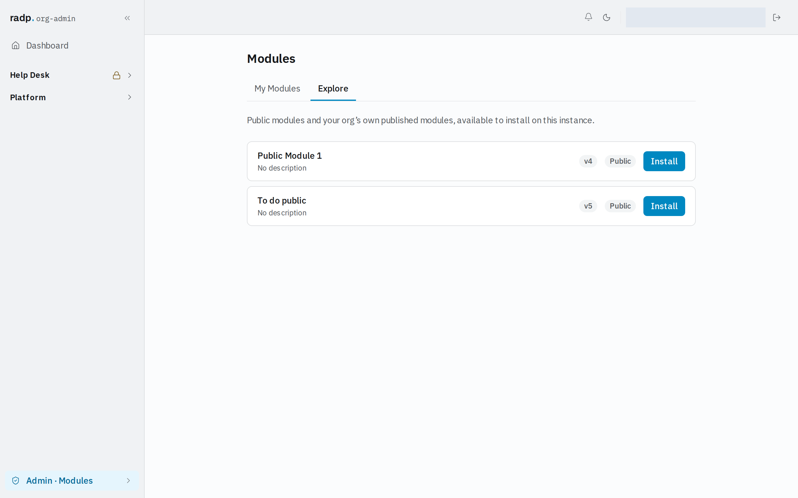Explore tab listing installable modules with version, visibility and an Install button