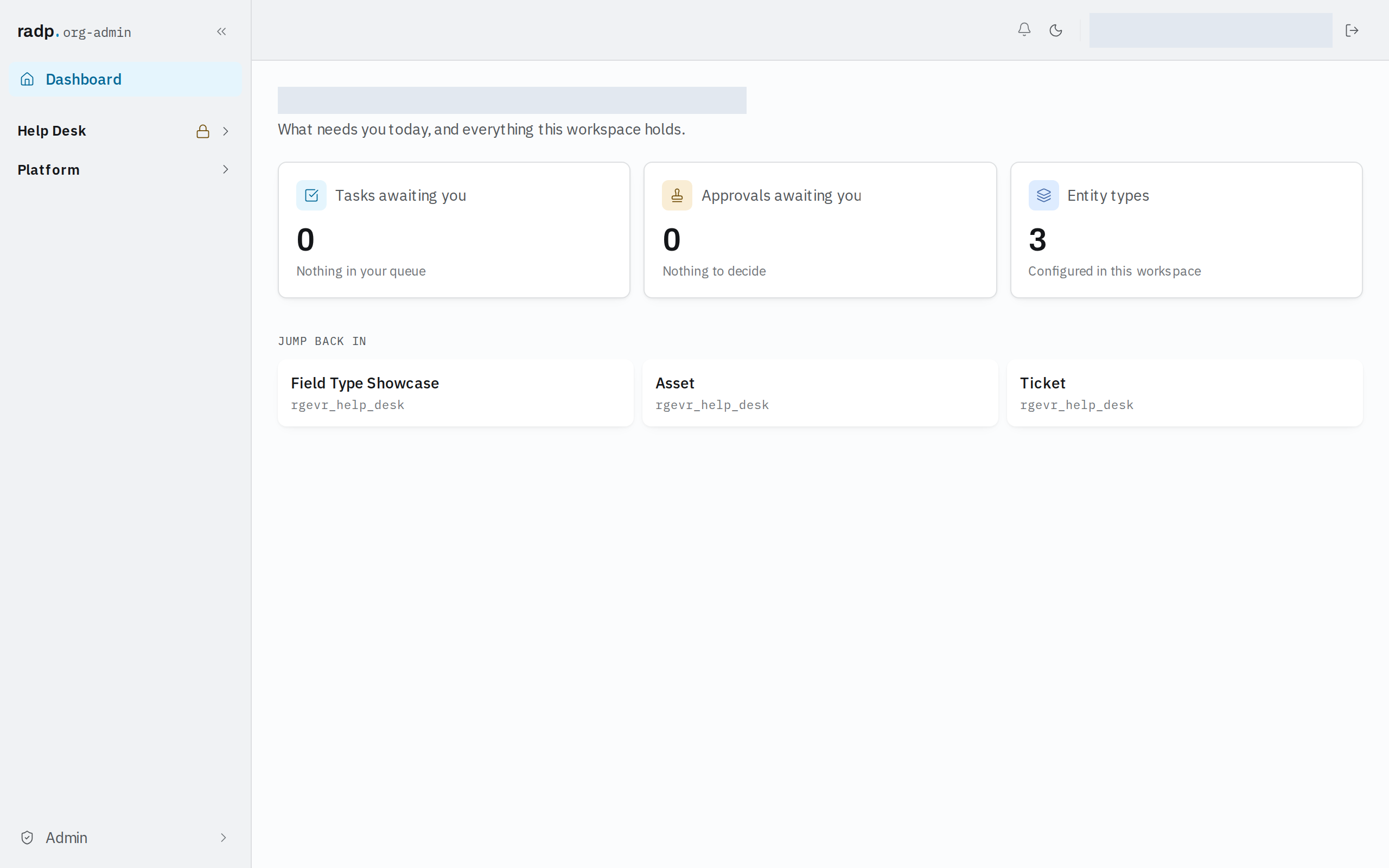 RAD Platform dashboard showing tasks and approvals awaiting you and a list of entity types