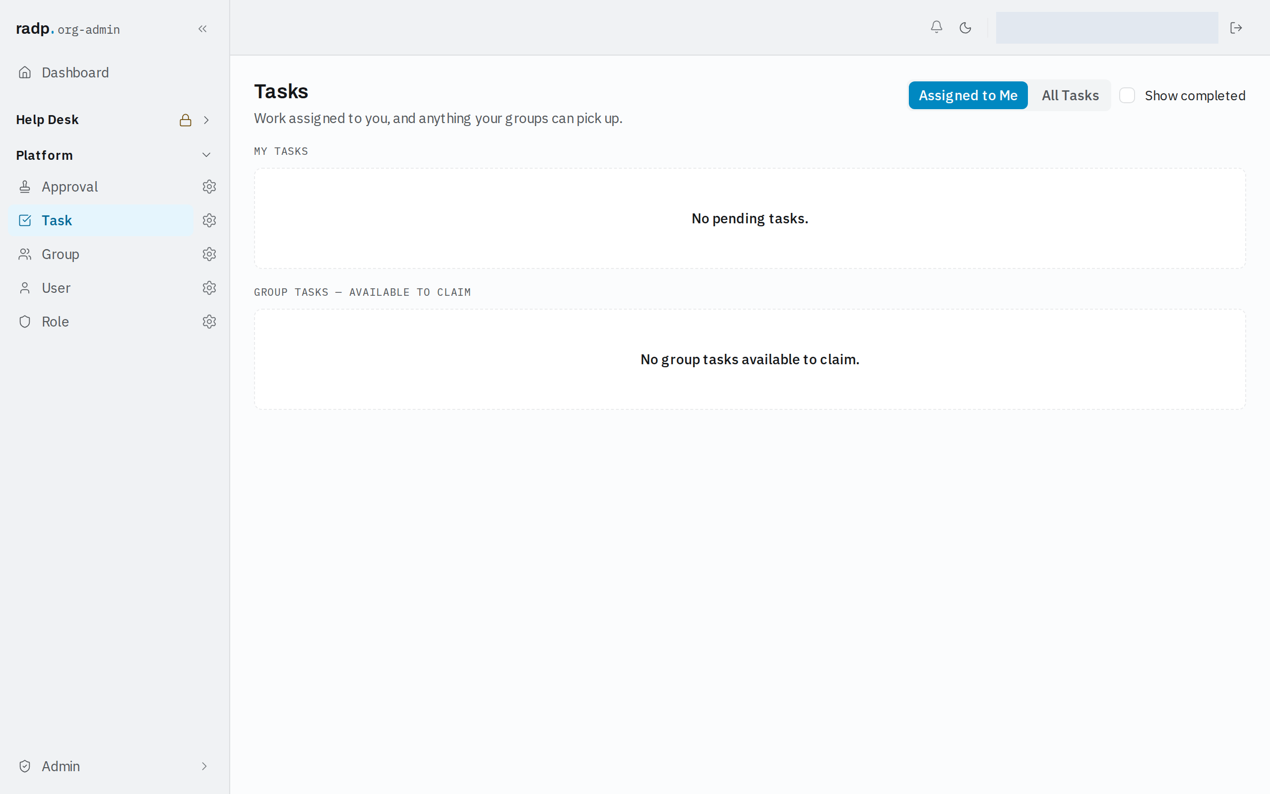 Tasks screen split into my tasks and group tasks available to claim