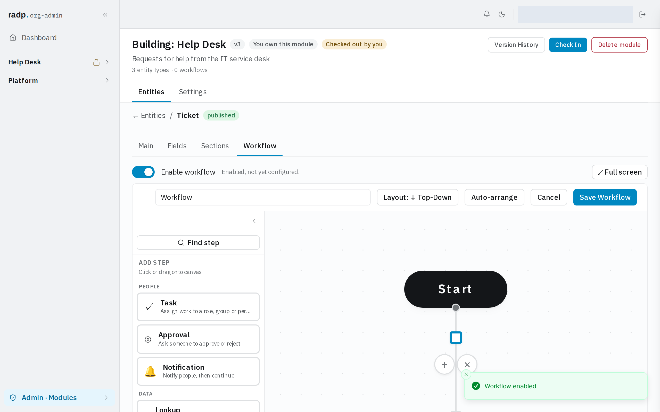 Workflow canvas with the step palette beside it
